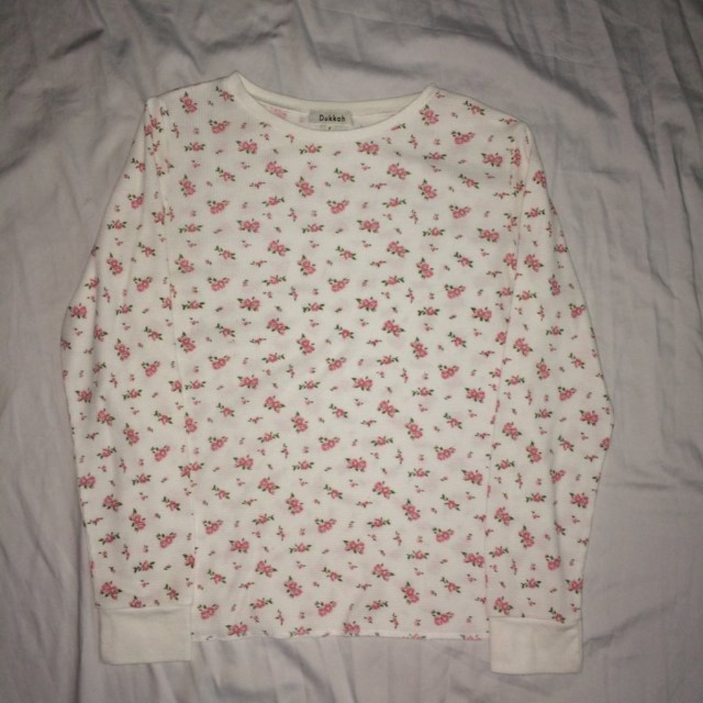 White Pink Rose Long Sleeve Waffle Knit Shirt